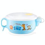 Ciotola in stile cartone animato a doppio strato con interno in acciaio inossidabile ed esterno in plastica da 450 ml con coperchio e maniglie per bambini da 2 a 9 anni (blu)
