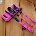 3 in 1 Set di bacchette per forchetta posate da tavola pieghevole in ABS 3 in 1 con scatola portaoggetti Set da tavola per escursionismo da campeggio all'aperto (rosa)
