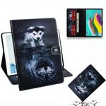Custodia in pelle a vibrazione orizzontale modello lupo e cane per Galaxy Tab S5E T720 / T725, con supporto, slot per schede e portafoglio
