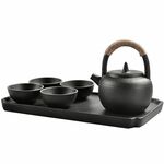 Set di tazze da tè portatile da viaggio in ceramica con manico ad anello con vassoio da tè (nero)