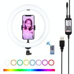 PULUZ 10,2 pollici 26 cm USB RGBW dimmerabile LED Anello Vlog Fotografia Luci video con testa a sfera treppiede, telecomando e morsetto per telefono (nero)