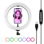 PULUZ 10,2 pollici 26 cm USB 10 modalità 8 colori RGBW dimmerabile LED anello vlogging fotografia luci video con testa a sfera treppiede e morsetto per telefono