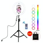 PULUZ Supporto per treppiede da 1,1 m + 10,2 pollici 26 cm RGBW LED Ring Vlogging Kit per trasmissione video in diretta con telecomando e pattino freddo Testa a sfera per treppiede e morsetto per telefono (nero)