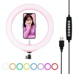 PULUZ 10,2 pollici 26 cm USB 10 modalità 8 colori RGBW dimmerabile LED Anello Vlogging Fotografia Luci video con scarpa fredda Treppiede Testa a sfera e morsetto per telefono (rosa)