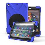 Per Amazon fire 7 (2017) (2019) PC con rotazione a 360 gradi + custodia protettiva in silicone con supporto e cinturino (blu scuro)