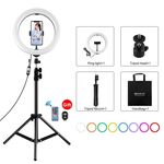 PULUZ Supporto per treppiede da 1,1 m + 10,2 pollici con superficie curva da 26 cm RGBW LED Anello Vlogging Luce video Kit di trasmissione live con telecomando e morsetto per telefono (nero)