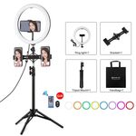 PULUZ 10,2 pollici 26 cm con superficie curva RGBW LED Anello luminoso + 1,1 m Supporto per treppiede + Staffe per doppio telefono Supporto orizzontale + Luce video per vlogging Kit per trasmissione live con telecomando e morsetto per telefono (nero)