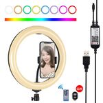 PULUZ 10,2 pollici 26 cm superficie curva USB RGBW dimmerabile LED anello vlogging fotografia luci video con testa a sfera treppiede e telecomando e morsetto per telefono (nero)