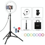 PULUZ Luce RGBW da 10,2 pollici 26 cm + 1,65 m Montaggio su treppiede Superficie curva USB RGBW Dimmerabile LED Anello Vlogging Luce video Kit di trasmissione live con scarpa fredda Testa a sfera treppiede, morsetto per telefono e telecomando (nero)