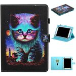 Per tablet universale da 8 pollici Custodia in pelle a ribaltamento orizzontale con cuciture colorate da disegno con supporto e slot per schede e striscia antiscivolo (gatto notturno)