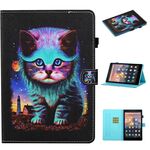 Per Kindle Fire HD7 2015/2017/2019 Custodia in pelle a ribaltamento orizzontale con cuciture colorate con supporto e slot per schede e striscia antiscivolo (gatto notturno)