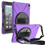 Per Amazon Kindle Fire HD8 (2020) Custodia protettiva antiurto in silicone colorato + PC con supporto e tracolla e tracolla (viola)