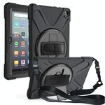 Per Amazon Kindle Fire HD8 (2020) Custodia protettiva antiurto in silicone colorato + PC con supporto e tracolla e tracolla (nera)