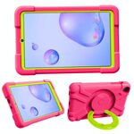 Per Galaxy Tab A 8.4 (2020) T307 PC + Custodia antiurto in silicone con supporto girevole a 360 gradi e impugnatura (rosa rossa + verde erba)