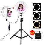 PULUZ 7,9 pollici 20 cm Specchio Luce + 1,1 m Supporto treppiede USB 3 modalità Dimmerabile Doppia temperatura colore LED Anello luminoso curvo Vlogging Selfie Fotografia Luci video con specchio e morsetto per telefono (Nero)