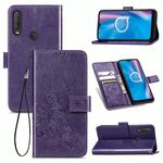 Per Alcatel 1S (2020) Custodia in pelle con fibbia in rilievo con fibbia in rilievo a quattro foglie Custodia in pelle con cordino, slot per schede e portafoglio e funzione di supporto (viola)