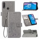 Per Alcatel 1S (2020) Custodia in pelle con fibbia in rilievo con fibbia in rilievo a quattro foglie Custodia in pelle con cordino, slot per schede e portafoglio e funzione di supporto (grigio)