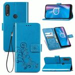 Per Alcatel 1S (2020) Custodia in pelle con fibbia in rilievo con fibbia in rilievo a quattro foglie Custodia in pelle con cordino e slot per schede e portafoglio e funzione di supporto (blu)