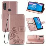 Per Alcatel 1S (2020) Custodia in pelle con fibbia in rilievo con fibbia in rilievo a quattro foglie Custodia in pelle con cordino, slot per schede e portafoglio e funzione di supporto (oro rosa)