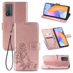 Custodia in pelle di protezione del telefono cellulare con fibbia in rilievo con fibbia a quattro foglie con cordino, slot per schede e portafoglio e staffa per Huawei Honor 10X Lite (oro rosa)