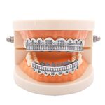 Bretelle Hip Hop con 8 denti quadrati in zirconio dorato, colore: argento