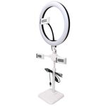 Staffa per telefono cellulare per tablet da tavolo con regolazione telescopica, specifica: K07 a tre posti con luce di riempimento (bianca)