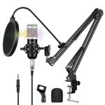 Puluz Condenser Microfono Studio trasmessa kit per microfoni canti professionisti con braccio a forbice sospensione e montaggio sugli shock metallici e scheda audio USB (Silver)