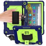 Per Amazon Kindle Fire HD 8 2020 Giradischi con rotazione a 360 gradi Robot a colori a contrasto Silicone antiurto + Custodia protettiva per PC con supporto (blu navy + giallo verde)