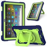 Per Amazon Kindle Fire HD 8 (2020) Custodia in silicone antiurto per robot a colori a contrasto + custodia per PC con supporto per cinturino (blu navy + giallo-verde)