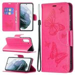 Per Samsung Galaxy S21 Fe goffratura Due farfalle Pattern Horizontal flip custodia in pelle PU con supporto e carta Slot & Portafoglio e cordino (Rose Red)