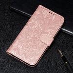 Per Samsung Galaxy S21 Fe pizzo fiore goffratura modello in pelle orizzontale flip custodia in pelle con supporto e carte slot e portafoglio e cornice per foto (oro rosa)