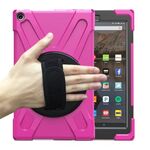 Per Amazon Kindle Fire HD10 2019/2018/2017 Ammortizzatore colorato in silicone + custodia protettiva per PC con supporto e cinturino a mano e tracolla (rosa rossa)