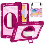 Per Samsung Galaxy Tab S6 Lite P610 / P615 Ruotatura a 360 gradi Colore a contrasto Colore Silicone antiurto + Cassa del PC con supporto e manopola Straccio e tracolla (Rosa rossa + rosa)