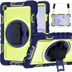 Per Samsung Galaxy Tab A 8.4 2020 T307 T307 Ruotatura a 360 gradi Colore a contrasto Antifondo antiurto + Cassa in silicone + PC con supporto e cinghia per impugnatura a mano e tracolla (navy + giallo verde)