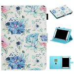 Per tablet universale da 8 pollici, motivo floreale, custodia in pelle con vibrazione orizzontale con slot per schede e supporto (fiore blu su bianco)
