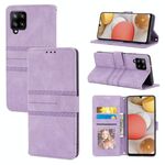 Per Samsung Galaxy A12 5G Fibbia magnetica a righe in rilievo PU + TPU Custodia in pelle flip orizzontale con supporto e carta Slot & Portafoglio e cornice e fotogrammi (viola)