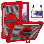 Per Samsung Galaxy Tab S7 FE T730 / T735 / Tab Tab S7 + T970 / T975 S7 + T970 / T975 Rotazione a 360 gradi Contrasto Colore antiurto antiurto + Cassa in silicone + PC con supporto e cinghia a punta e tracolla (rosso + nero)