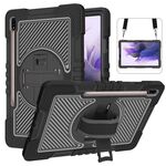 Per Samsung Galaxy Tab S7 FE T730 / T735 / TAB S7 + T970 / T975 360 gradi Rotazione a contrasto Colore antiurto antiurto + Cassa in silicone + PC con supporto e cinturino a presa e tracolla (nero)