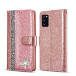 Per Samsung Galaxy A41 Custodia per telefono in pelle con farfalla in polvere glitterata (oro rosa)