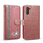 Per Samsung Galaxy Note10 Custodia per telefono in pelle con farfalla in polvere glitterata (oro rosa)