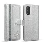 Per Samsung Galaxy S20 + Custodia per telefono in pelle con farfalla in polvere glitterata (argento)