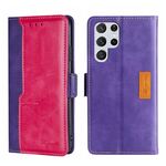 Per Samsung Galaxy S23 Ultra 5G Custodia in pelle con fibbia laterale a contrasto di colore (viola + rosa rossa)