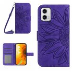 Per Motorola Moto G73 5G HT04 Skin Feel Custodia per cellulare in pelle goffrata Sun Flower con cordino (viola scuro)