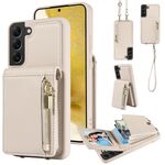 Per Samsung Galaxy S22+ 5G Custodia per cellulare in pelle con cordino con cerniera a tracolla (beige)