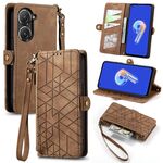Per ASUS Zenfone 10 Custodia per telefono in pelle con fibbia laterale con cerniera geometrica (marrone)