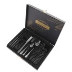 24 pezzi / set di posate in acciaio inossidabile con scatola di legno, coltello, forchetta, cucchiaio, bistecca, set di stoviglie, colore: nero