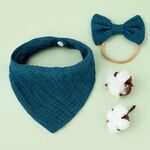 Asciugamano bava di garza di cotone per bambini + Set di fascia per capelli con fiocco Bavaglini (blu pavone)