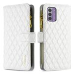 Per Nokia G42/G310 Diamond Lattice Zipper Wallet Custodia in pelle per telefono a conchiglia (bianca)