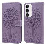 Per Samsung Galaxy S23 5G Tree & Deer Pattern Custodia per cellulare in pelle a conchiglia orizzontale con stampa pressata (viola)