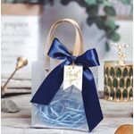 Borsa regalo Borsa da imballaggio trasparente, nastro blu+etichetta appesa+erba lafite, taglia:L
